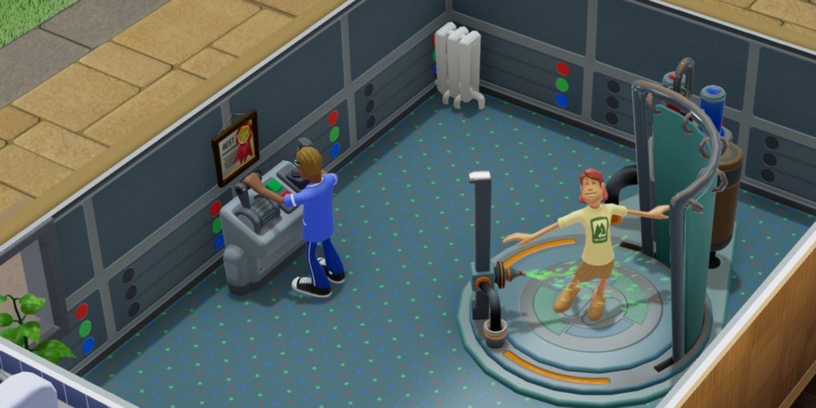 Two Point Hospital -happy patient in cure room