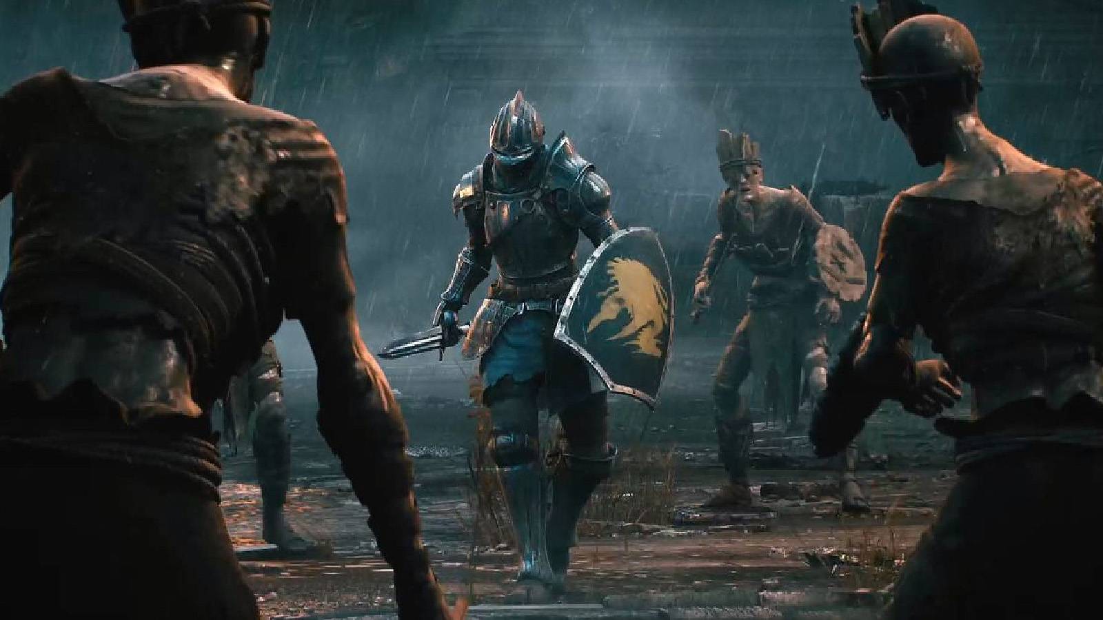 Demon's Souls for the PS5. A lone knight encounters the undead.