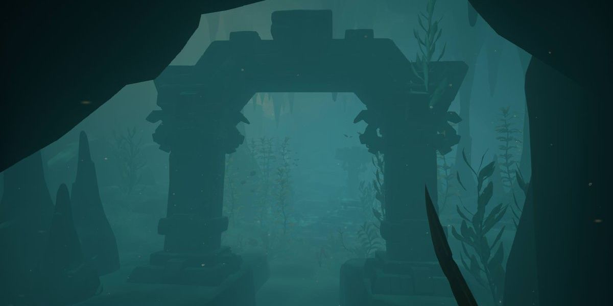 An underwater cave filled with ruins in Sea of Thieves