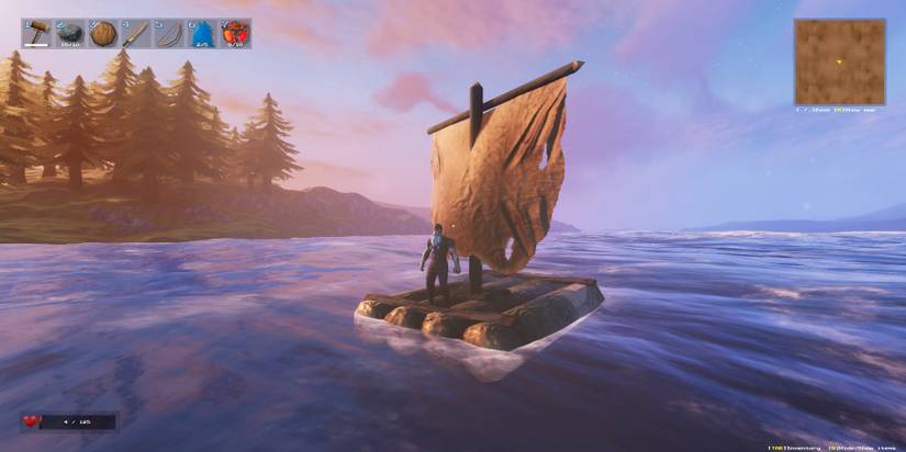 Valheim Viking Riding a Raft Morning