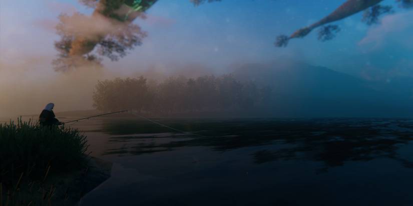Valheim Viking Fishing On Riverbank Sunset