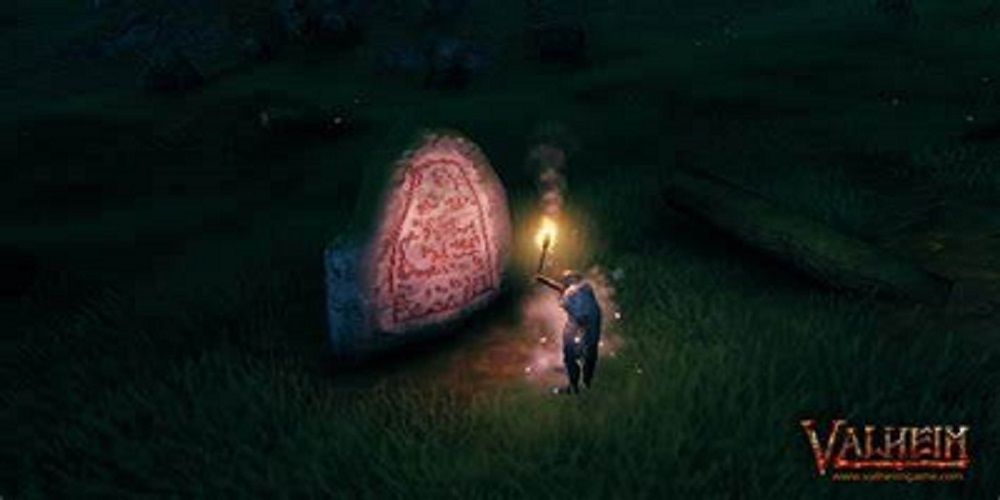 Valheim Viking with Torch in front of Runestone at Night Meadows
