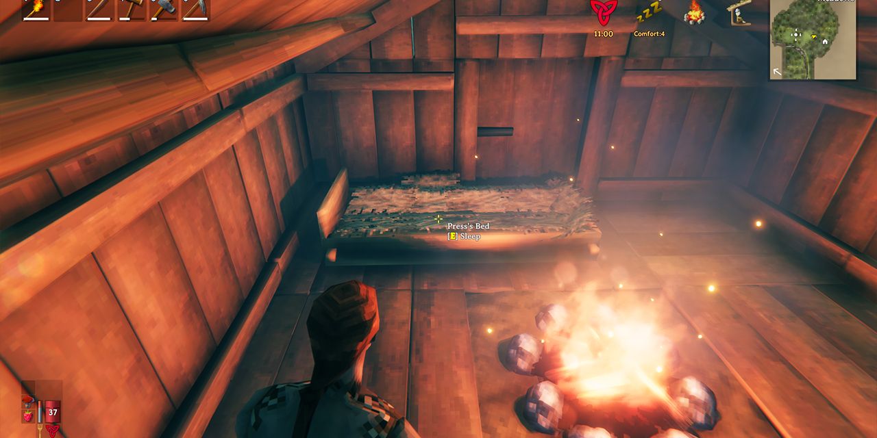 Valheim screenshot avatar building spawn point bed in shelter