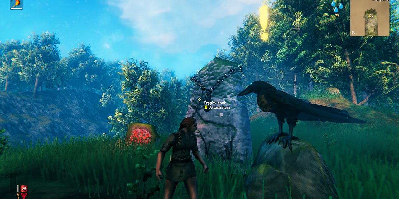 Valheim screenshot avatar speaking with Hugin the raven on altar