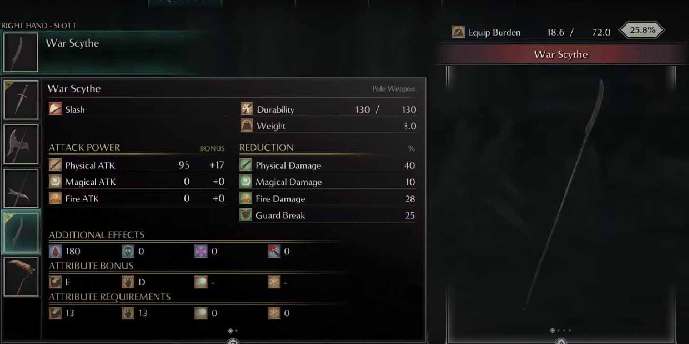 Demon's Souls for the PS5. Inventory View of the War Scythe.