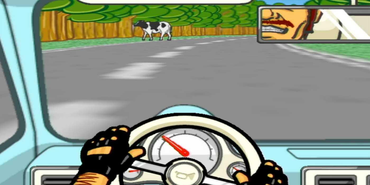 Warioware Smooth Moves Wario driving a car on a race track