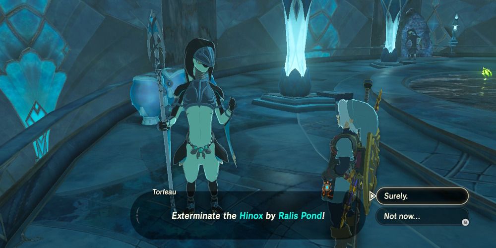 Accepting a quest to hunt Hinox in Ralis Pond