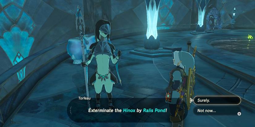 Accepting a quest to hunt Hinox in Ralis Pond