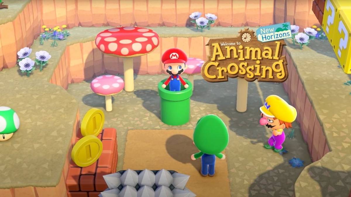 animal crossing new horizons logo with mario, luigi, and wario