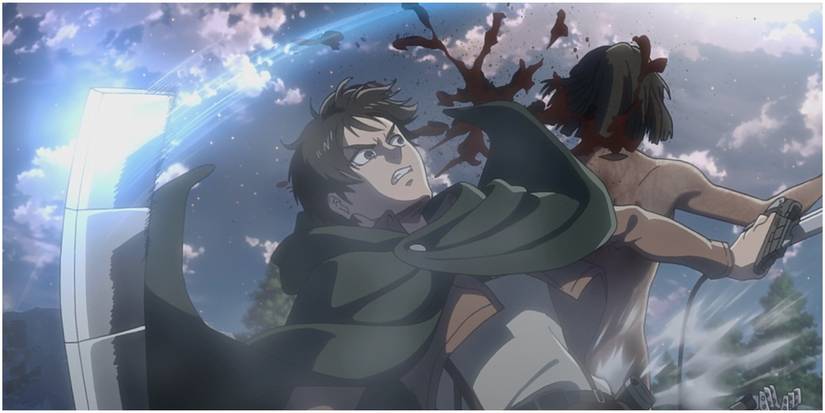 eren slaying a titan.