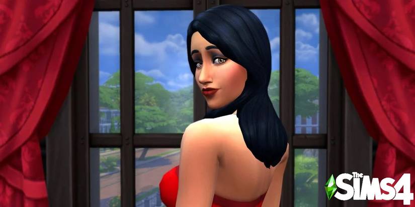 bella goth standing at a window in sims 4 promo image