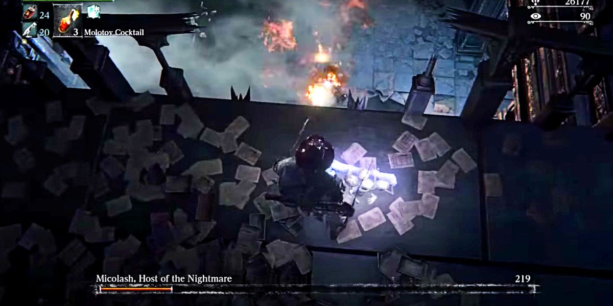 using ranged weapons and items to beat micolash the host of nightmares in phase 2.