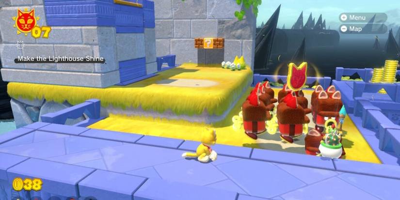 Cat Blocksteppers carrying a piece for a Cat Shine in Bowser's Fury