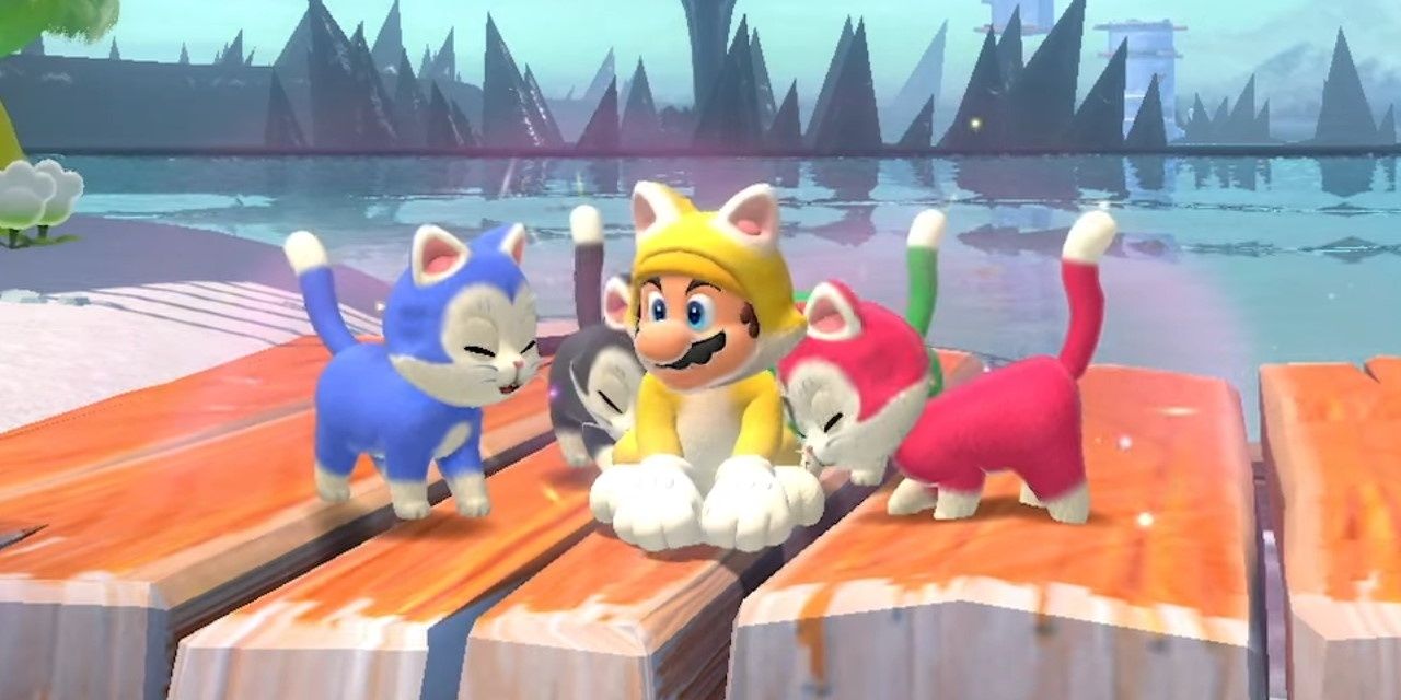 Cats nuzzling Mario in Bowser's Fury