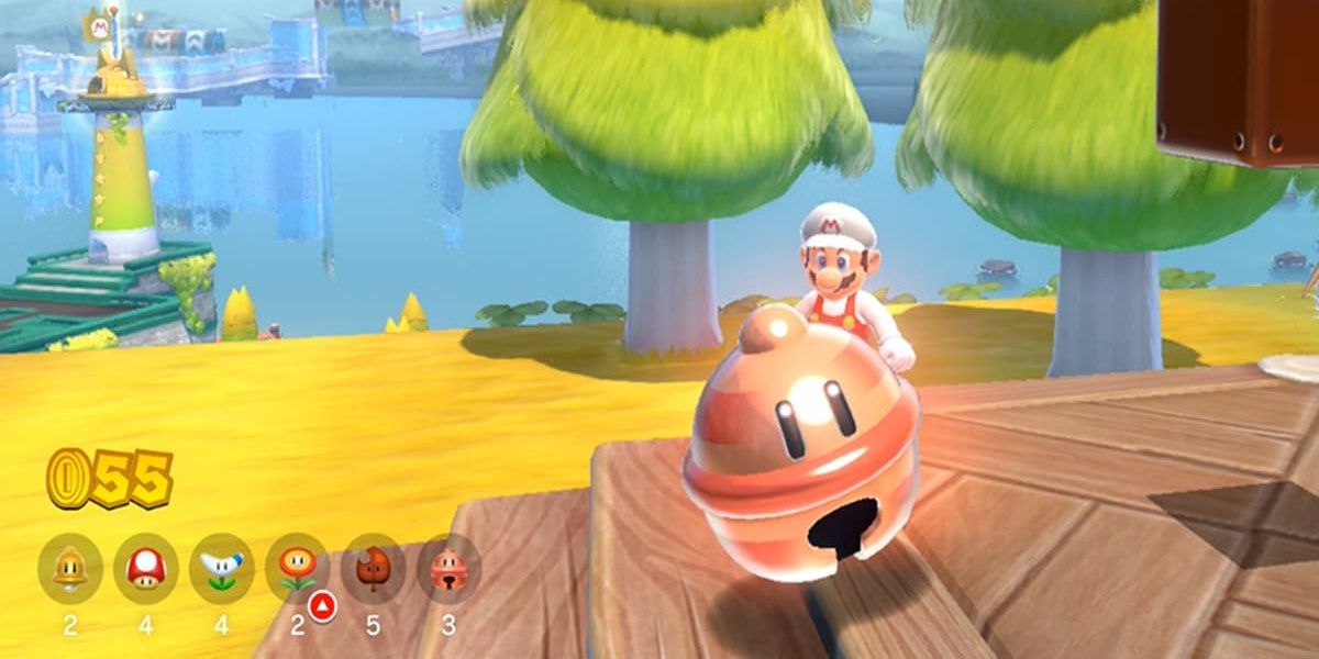 A lucky bell in front of Mario in Bowser's Fury