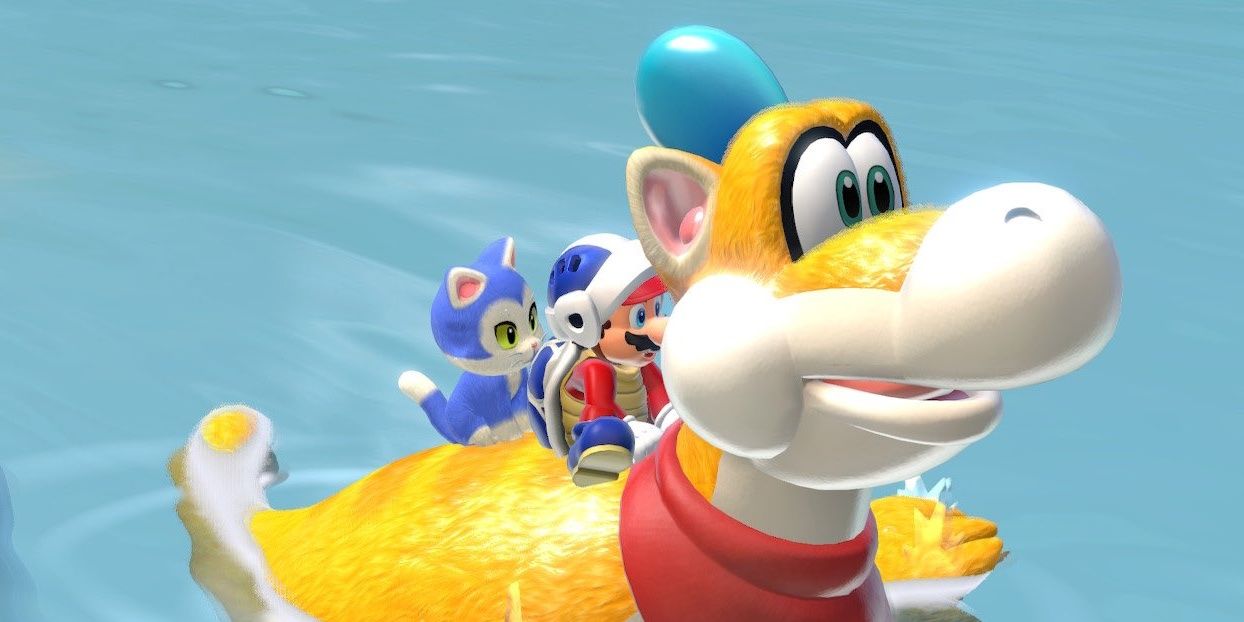 Mario and a blue cat riding Plessie in Bowser's Fury