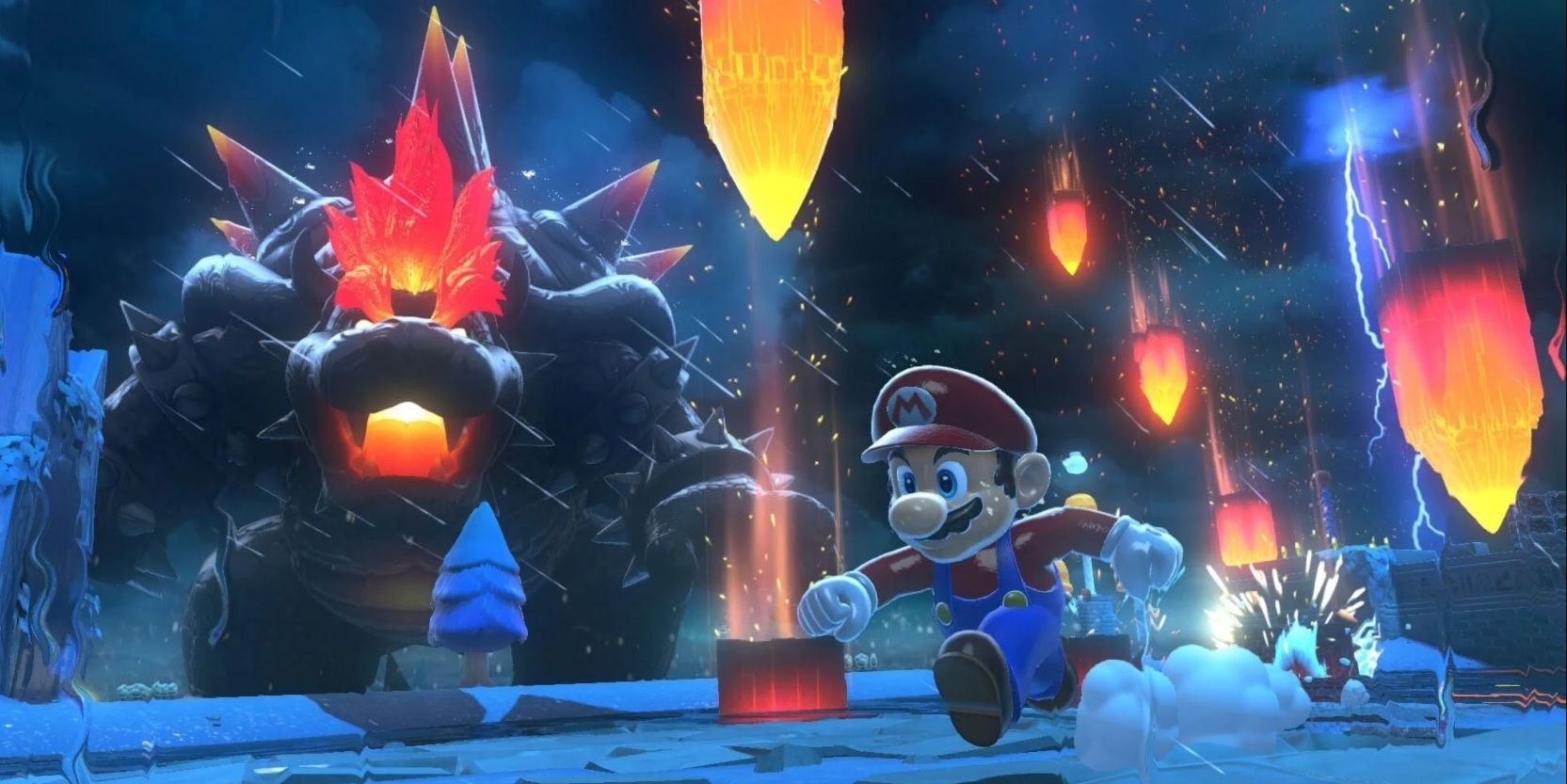 Mario being chased by Fury Stakes with Fury Bowser watching in Bowser's Fury