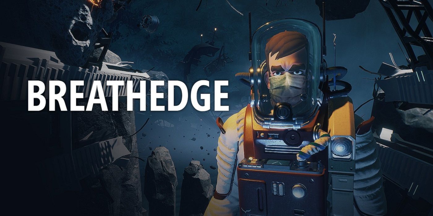 Cover art for Breathedge which shows the game's title and main character, The Man, facing the camera.