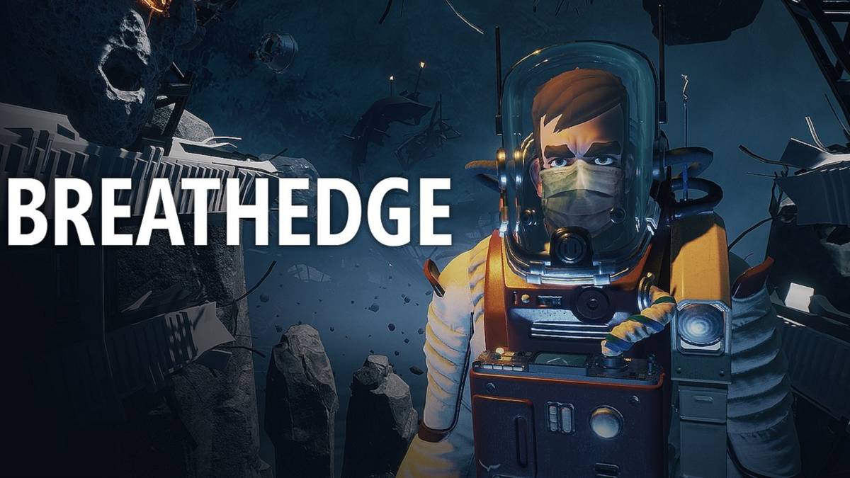 Cover art for Breathedge which shows the game's title and main character, The Man, facing the camera.