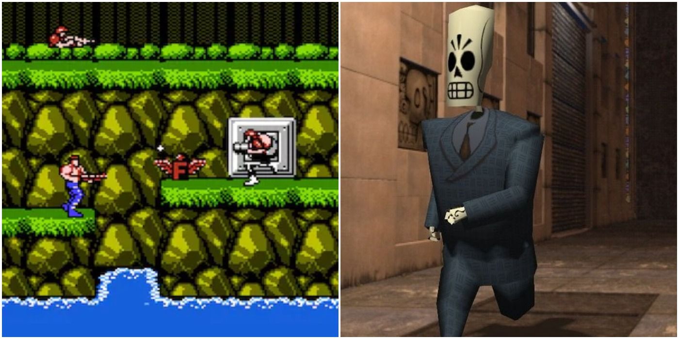 (Left) Contra gameplay (Right) Manny from Grim Fandango