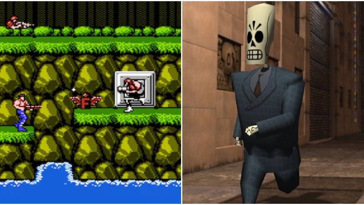 (Left) Contra gameplay (Right) Manny from Grim Fandango