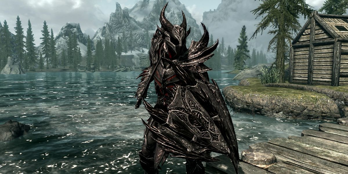 A Skyrim player wearing Daedric armor