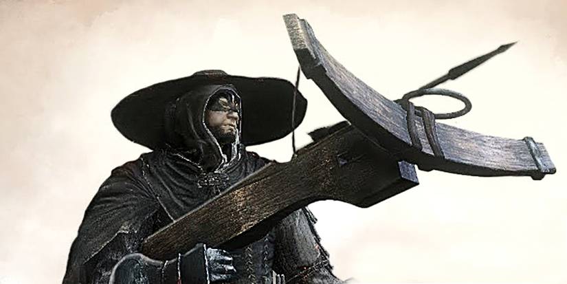 player holding up a crossbow in front of a beige background.