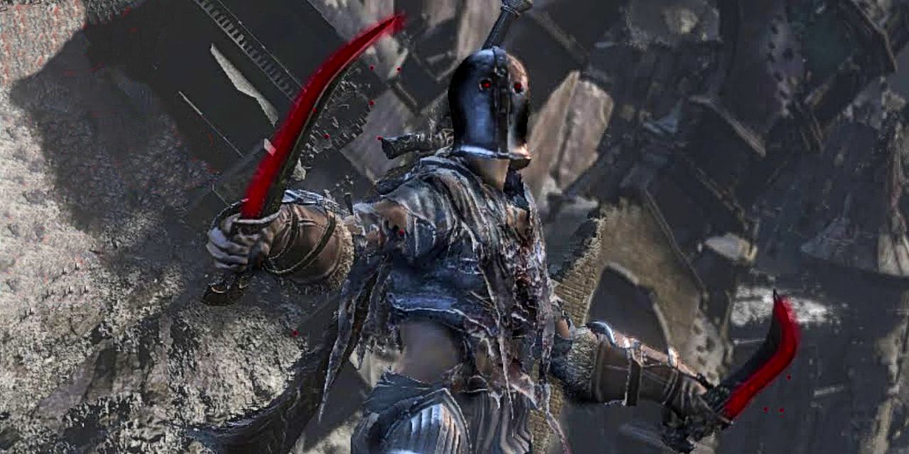 player holding two daggers with a bleed buff on them.