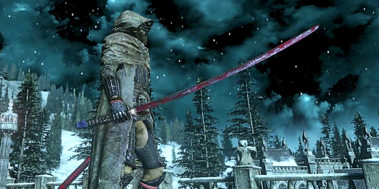 player holding a katana in the snow.