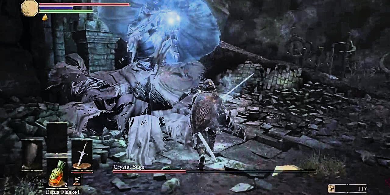 player attacking the boss's clone with a melee weapon.