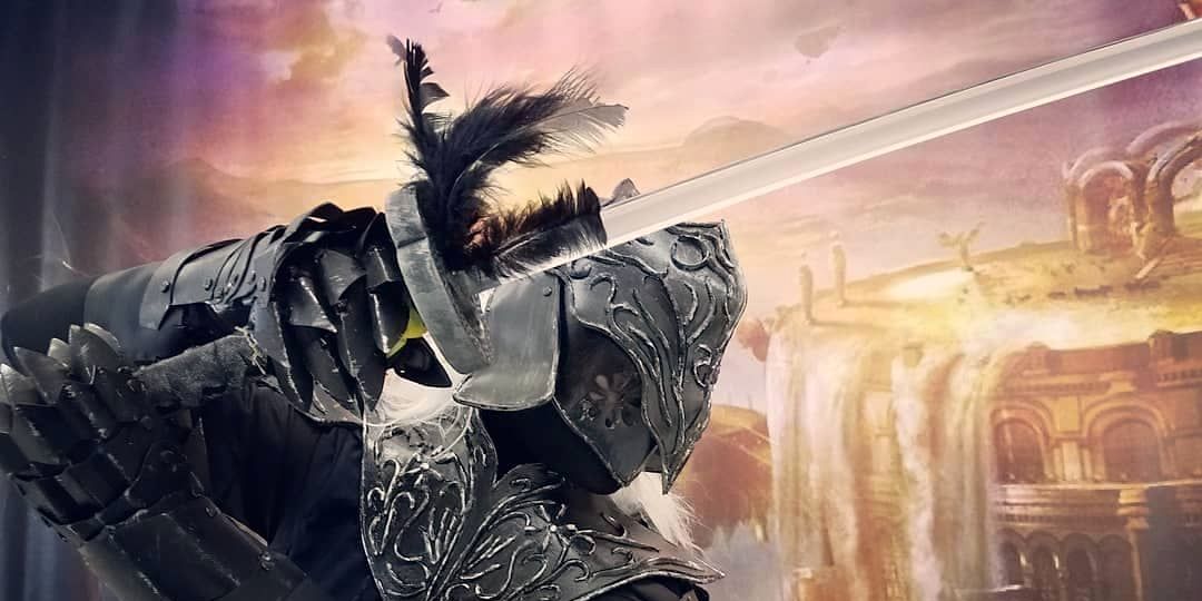 art of a player holding a katana in front of a nice background.