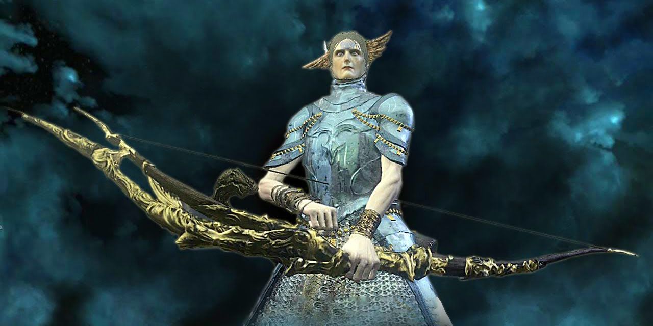 player holding the bow made from a boss soul while looking at the camera.