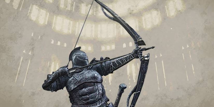 player posing with a bow in front of a beige background.