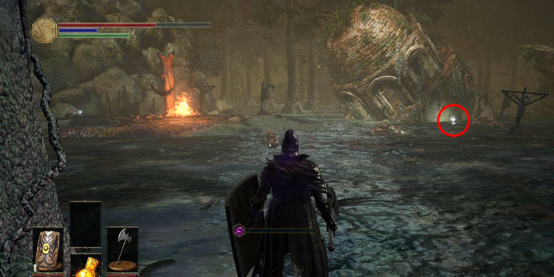 poison swamp area with an outline of where an estus shard is.