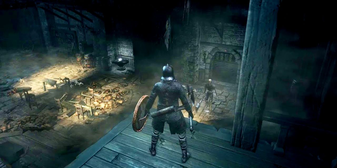 estus shard in a big room guarded by hollows and dogs.