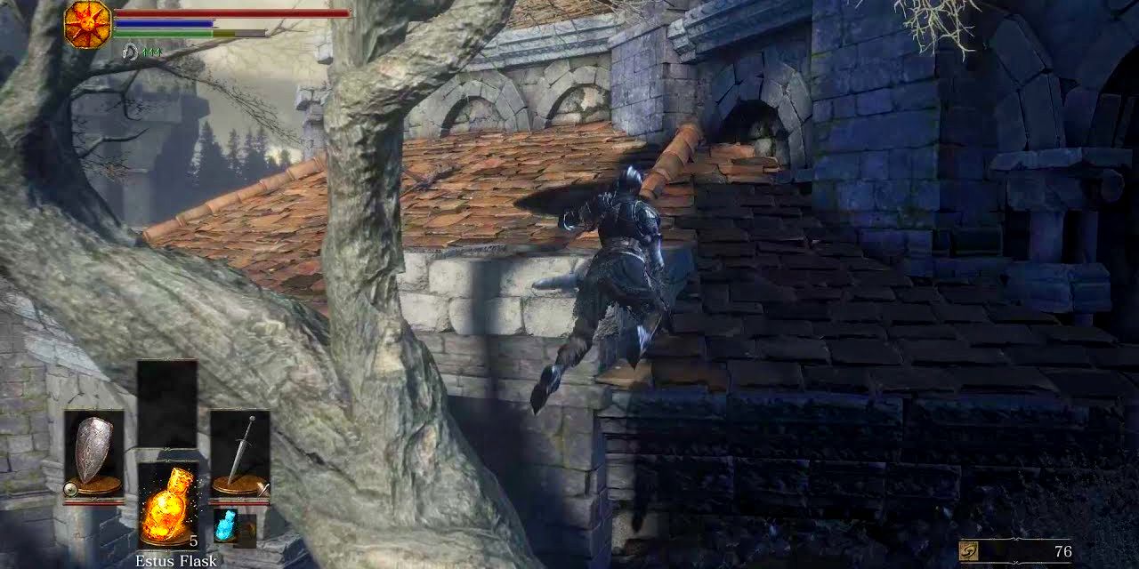 player using a tree to jump onto the roof.