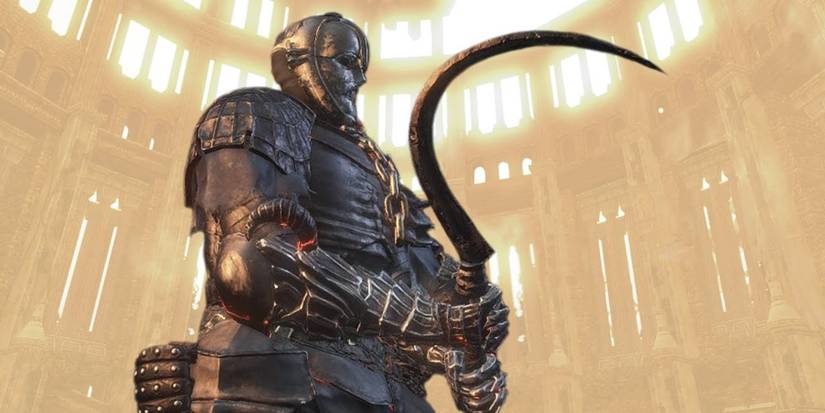 large curved dagger held in two hands by the player in front of a yellow background.