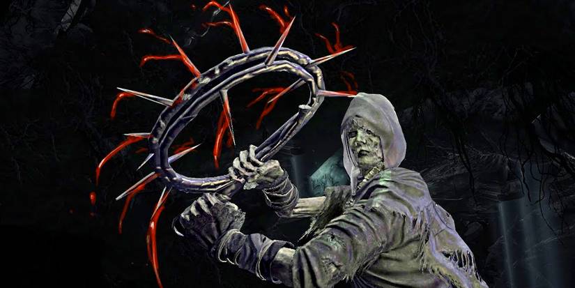 art of a player holding a spiked whip with blood on it.