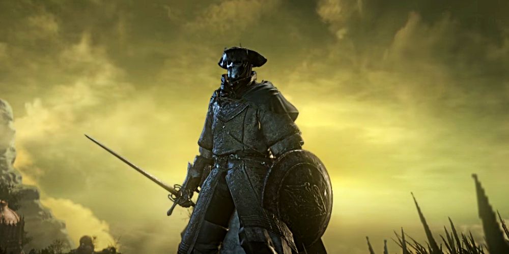 screenshot of player holding a rapier in front of a yellow sky.