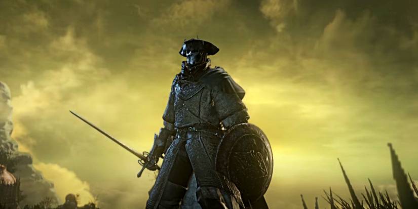 screenshot of player holding a rapier in front of a yellow sky.