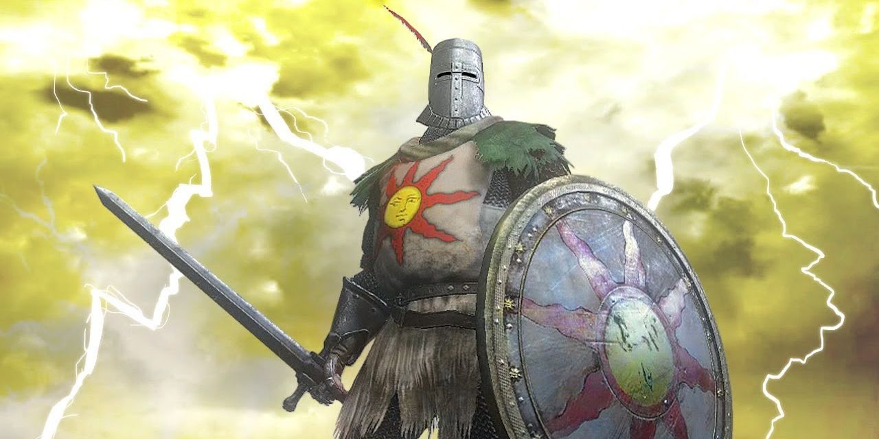 character model with solaire's set and shield on a lightning background.