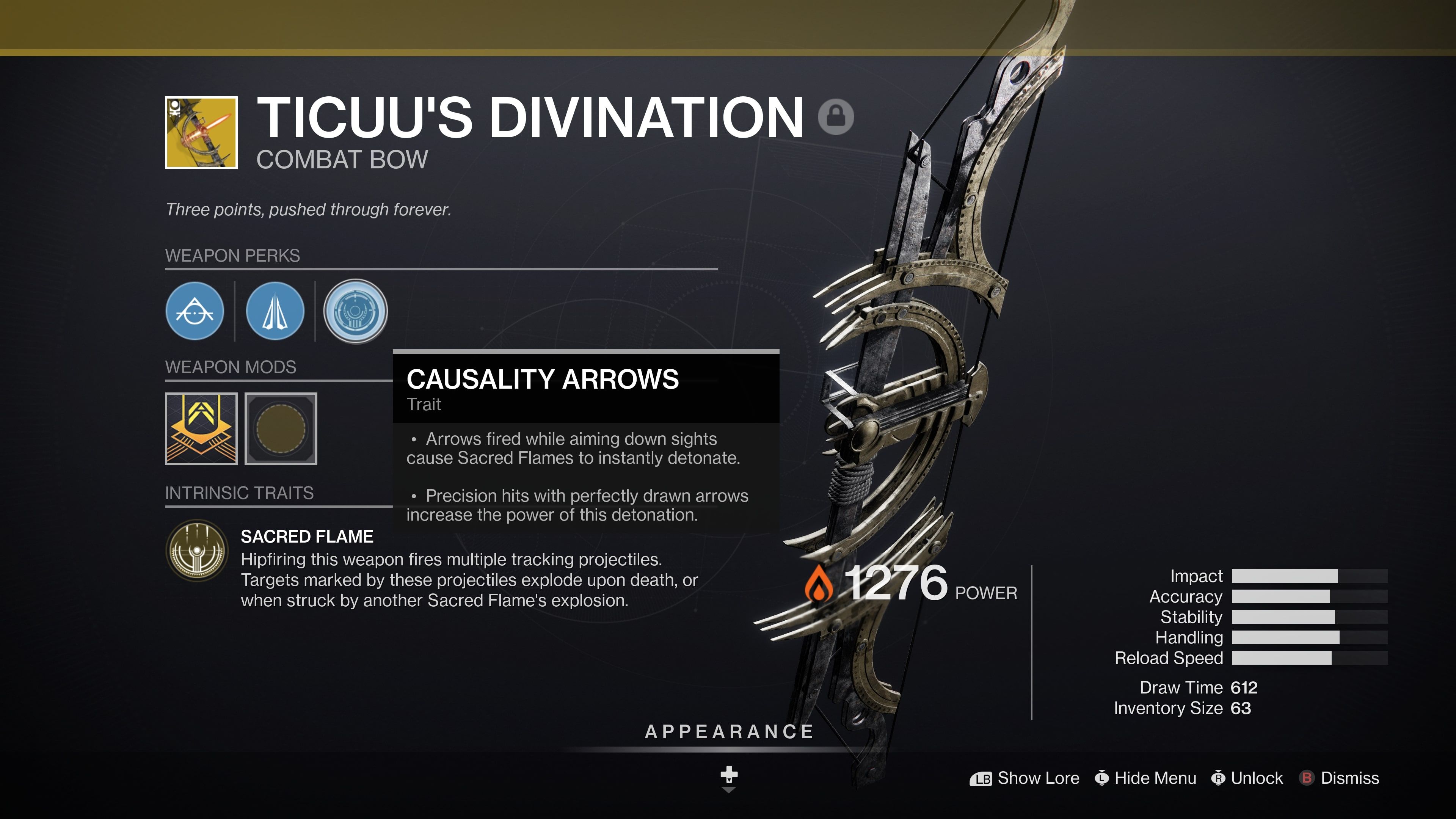 exotic bow season of the chosen traits sacred flame causality arrows