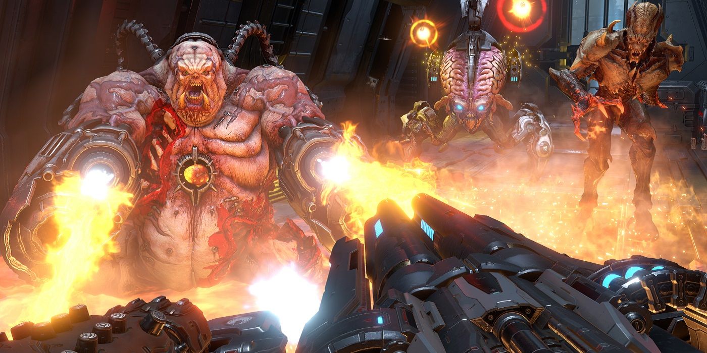 Screenshot from Doom Eternal showing a gun firing on a Mancubus creature.