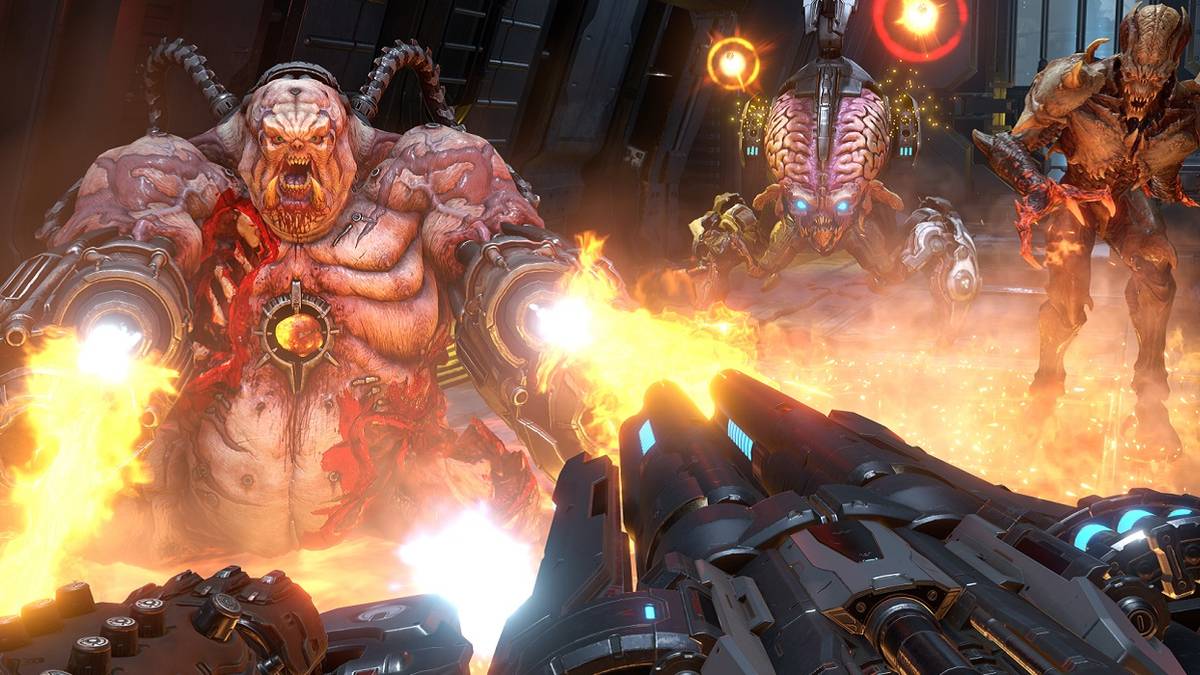 Screenshot from Doom Eternal showing a gun firing on a Mancubus creature.