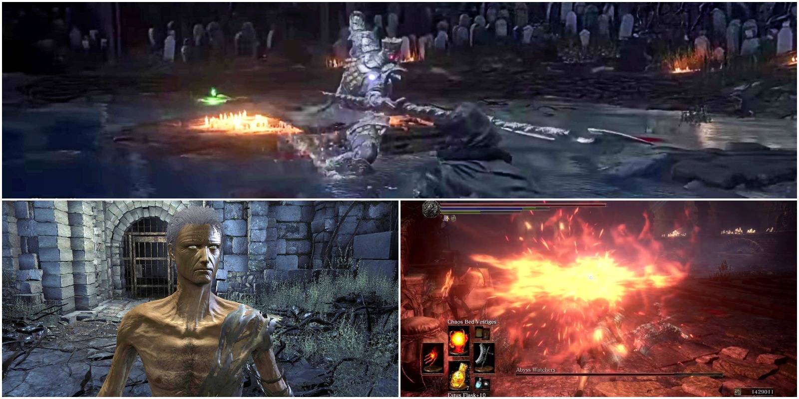 champion gundyr attacking, sword master, and chaos bed vestiges.