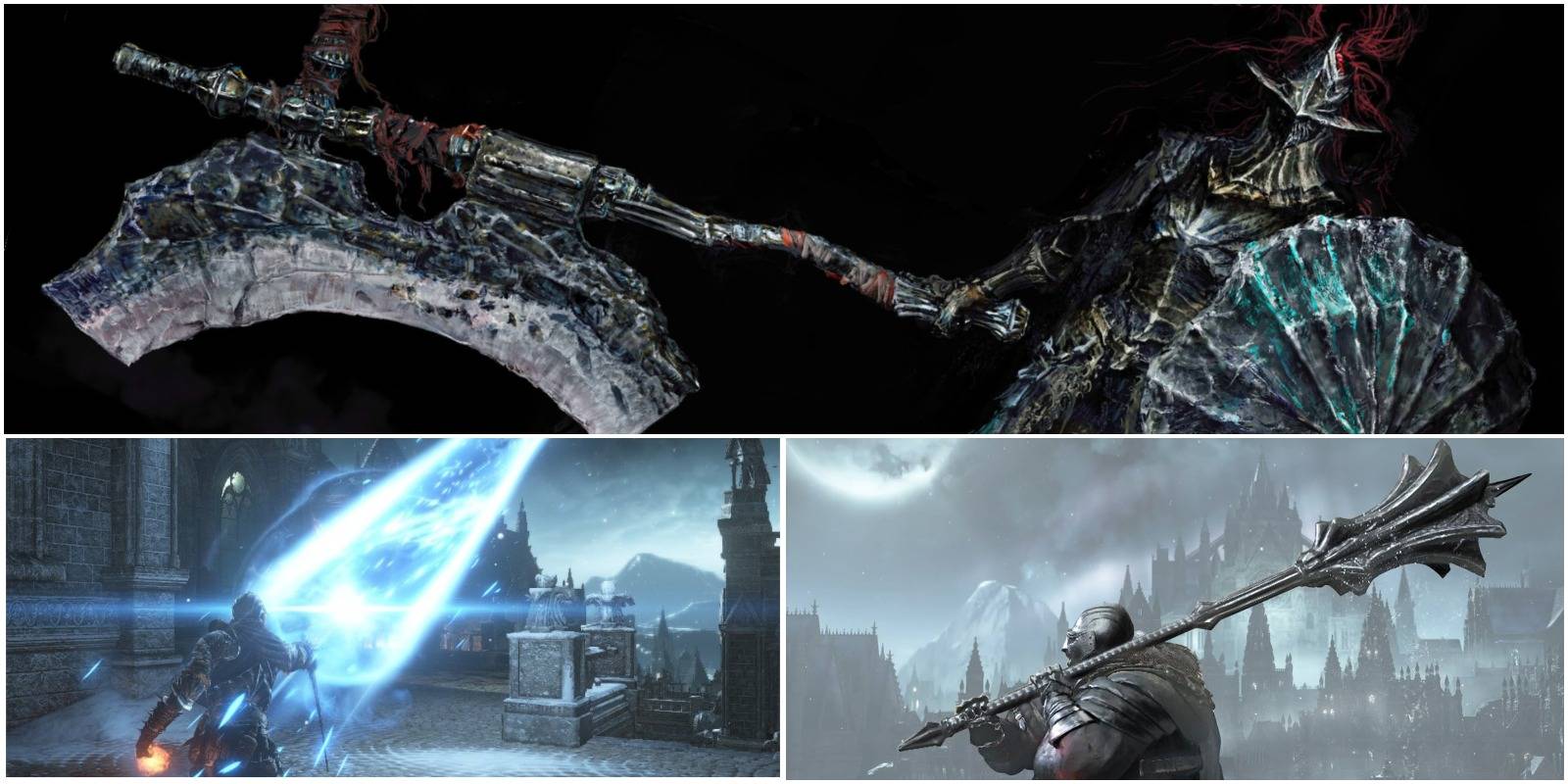 concept art of the dragonslayer armour, soul stream sorcery, and vordt's great hammer.