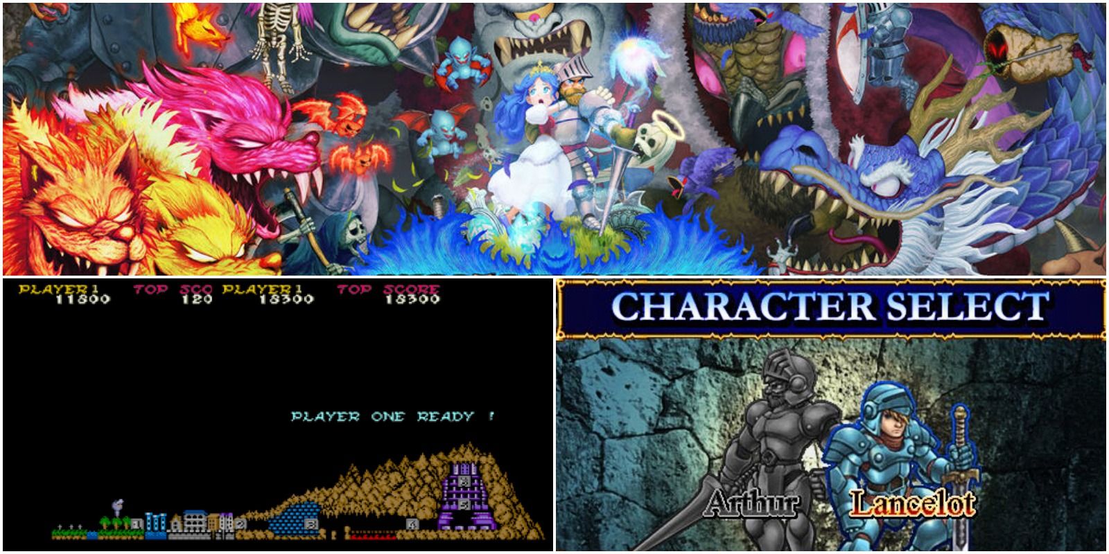 арт из Ghost n Goblins Resurrection, карта из оригинальной игры и экран выбора персонажа из первой мобильной игры серии.