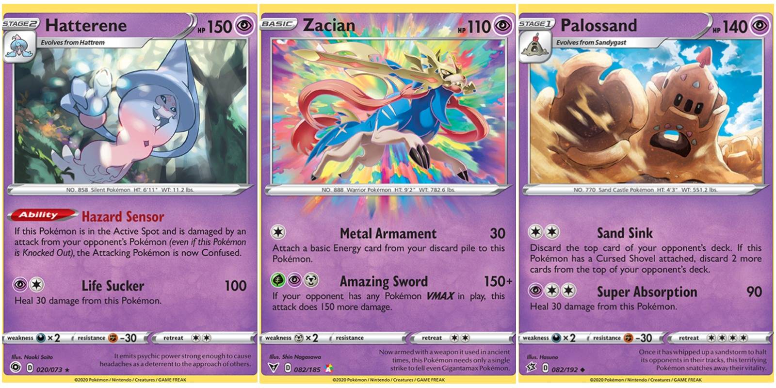 hatterene, zacian, and palossand cards.