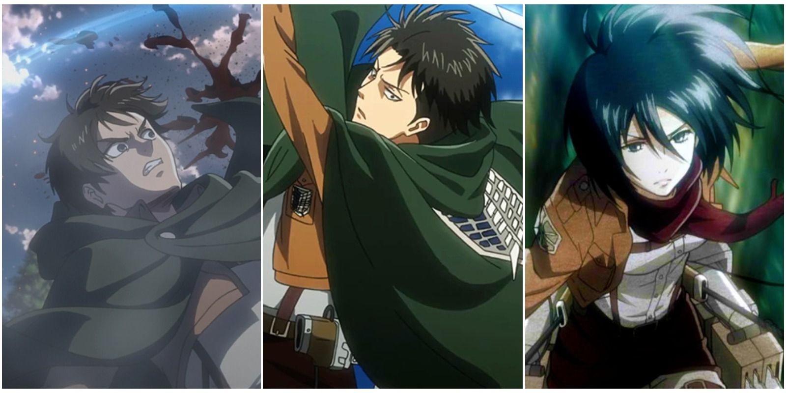 eren, levi, and mikasa in the anime.