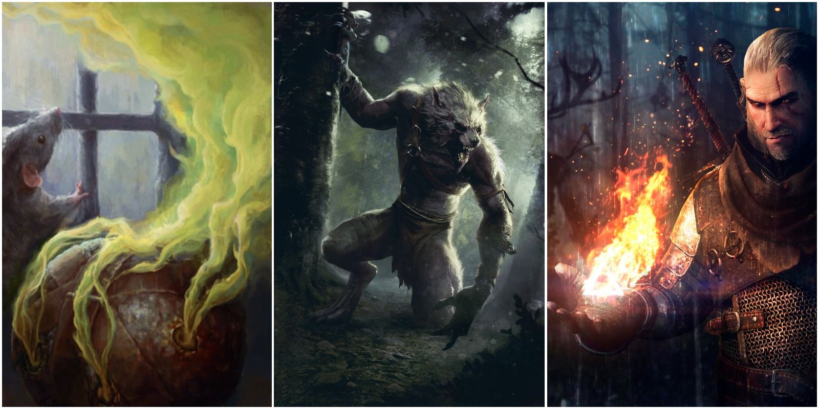 devil's puffball gwent card art, morkvarg gwent card art, and geralt using igni sign.